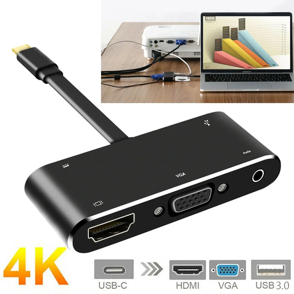 Asunflower адаптер USB Type C к HDMI A VGA концентратор с 3,5 мм аудио PD зарядка USB 3,0 порт для MacBook 13 15 дюймов концентратор