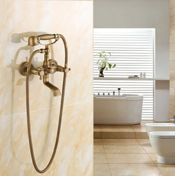 

Antique brass wall mounted bathroom shower faucet with handheld showers Faucet