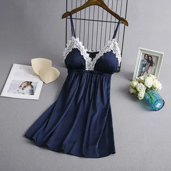 

Navy Blue V-Neck Sleeveless Pajamas Womens Lace Nightdress Robe Sexy Cami Top Pyjama Nightsuits Gown Summer Sleepwear Chest Pads