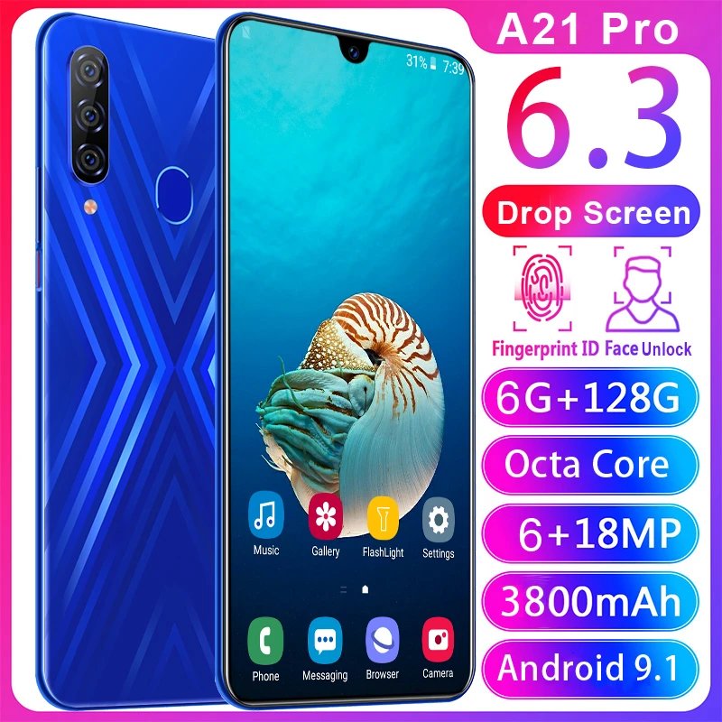 Cheap phone A21pro Mobile phone 6.3 inch Water Drop Screen 4G Cellphone 6GB+128GB Smartphone 6MP+18MP Unlocked smartphone