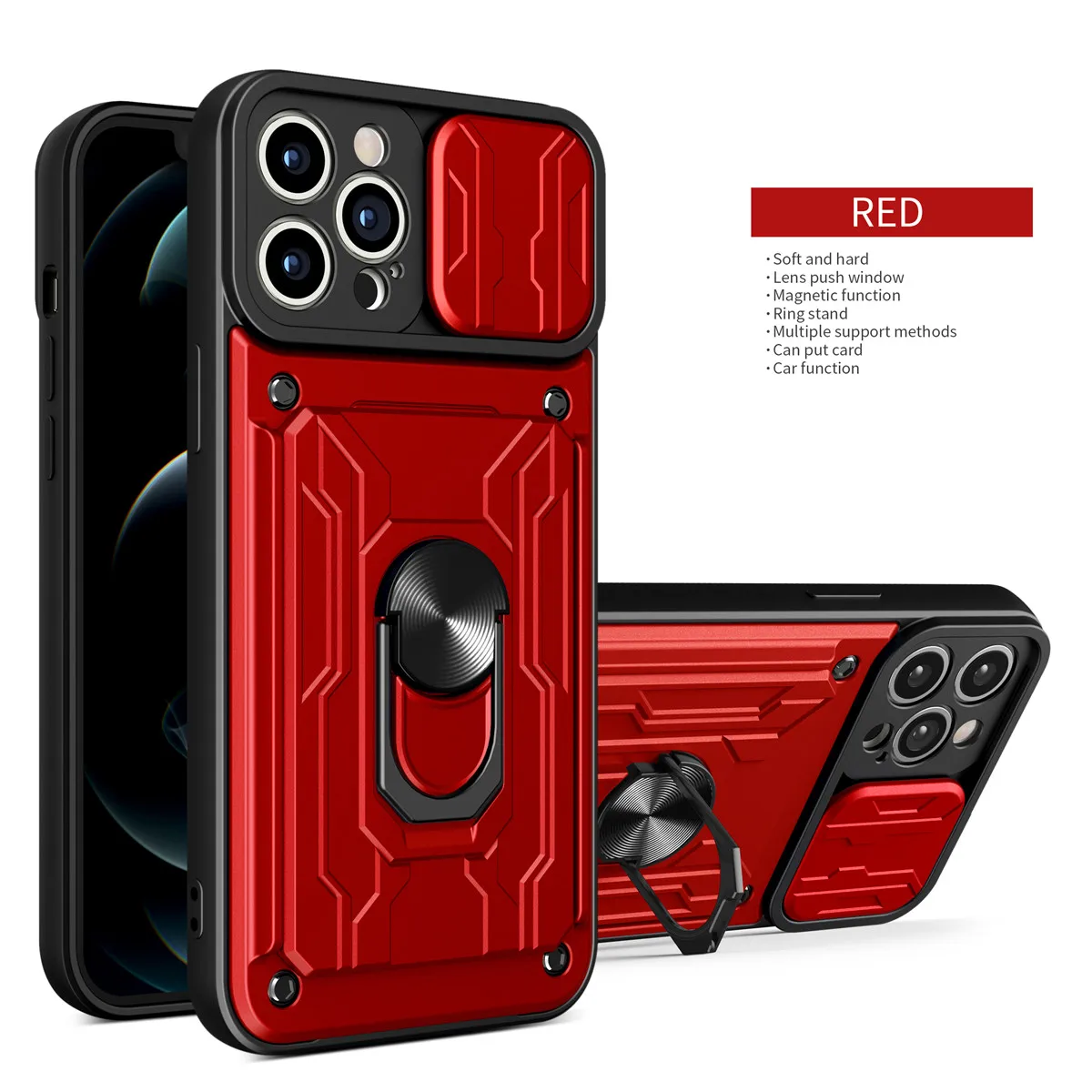 Sleek Lens Protective Case with Hidden Slide Card Slot and Magnetic Ring