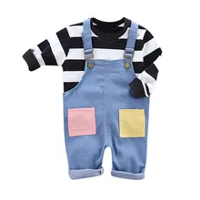 Детская полосатая футболка для маленьких мальчиков и девочек штаны на подтяжках комплект одежды из хлопка с круглым вырезом и длинными рукавами