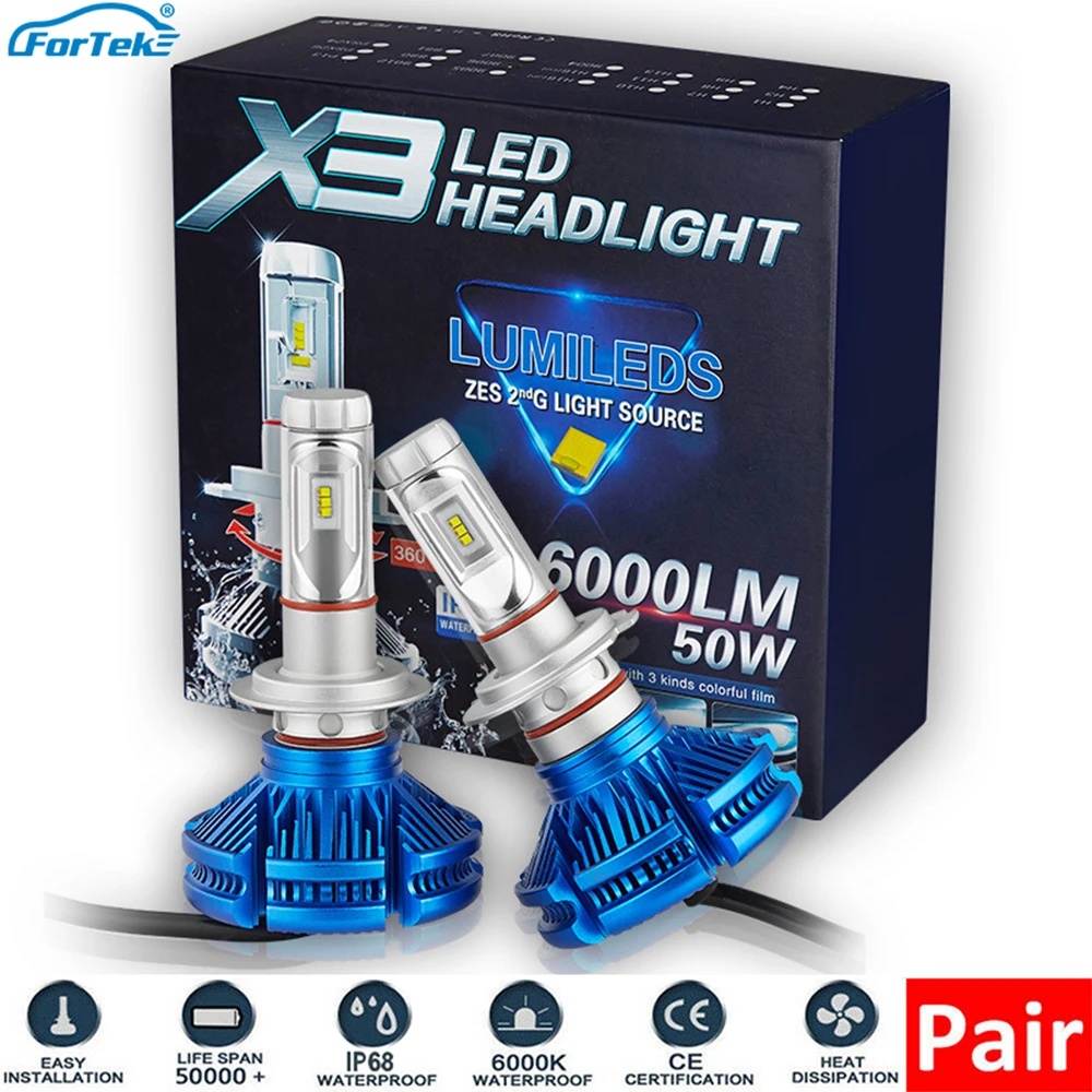 

FORTEK X3 Car LED Headlights Bulbs 50W 6000LM Headlamp 3000K/6500K/8000K DIY Change Blue/Diamond White/Yellow H1/H3/H4/H7/H11