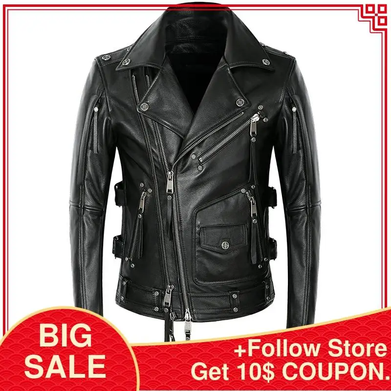 

2020 Black Men American Motorcycle Style Leather Jacket Men Plus Size 5XL Genuine Cowhide Winter Slim Fit Biker's Leather Coat
