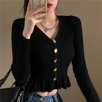 

Knitted V Neck Cardigan Button Jacket Women Winter Fashion Ladies Short Tops Ruffles Long Sleeve Sweaters Autumn Korean Coat