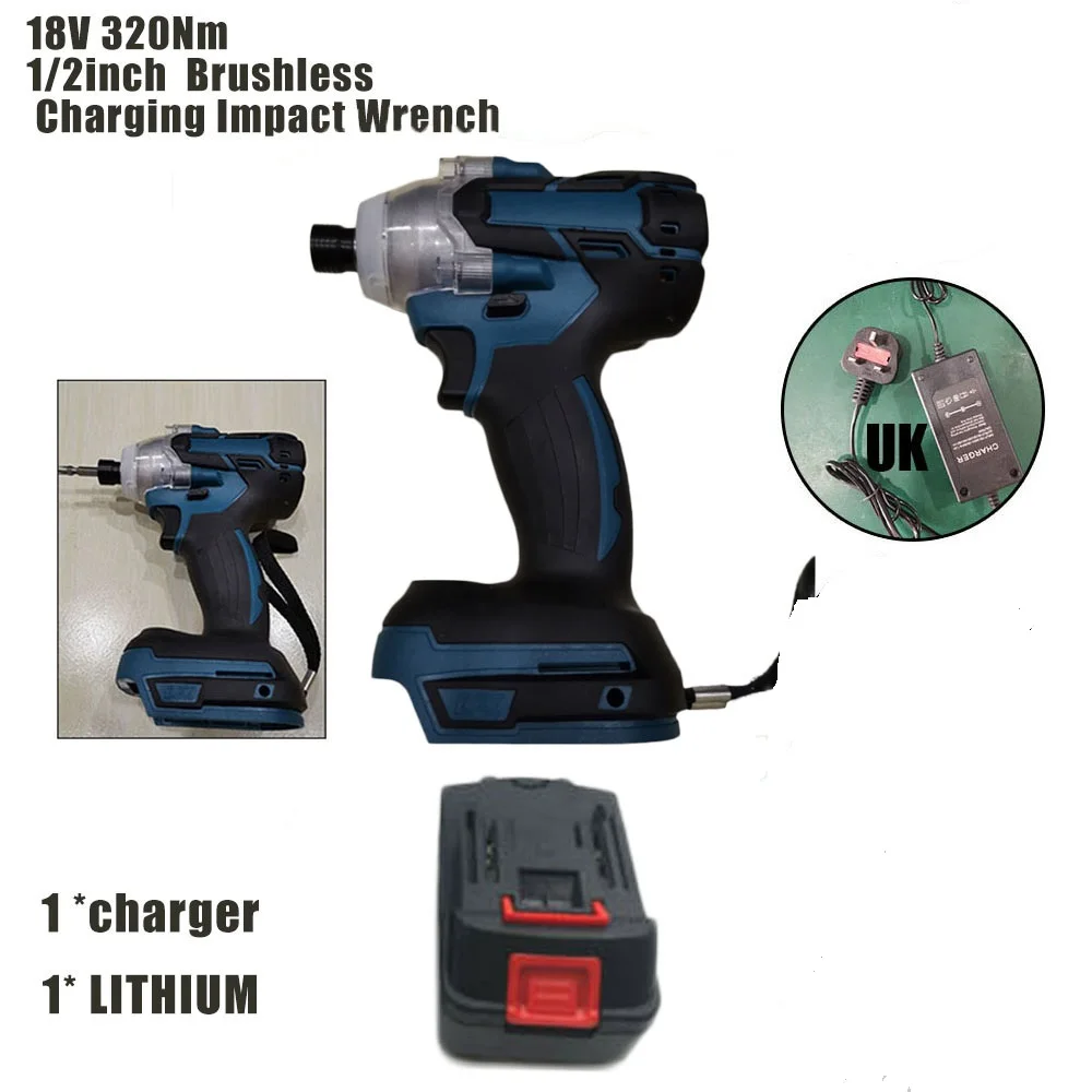 

18V 520Nm 1/2in Cordless Brushless Electric Impact Wrench Rechargeable W/Battery Tungsten Steel Shaft