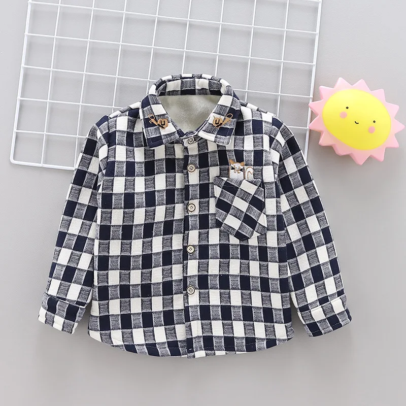 

CHILDREN'S Shirt BOY'S Plaid Shirt Brushed And Thick Plaid Kitten Shirt Long-sleeved Upper Garment Small CHILDREN'S Warm Shirt