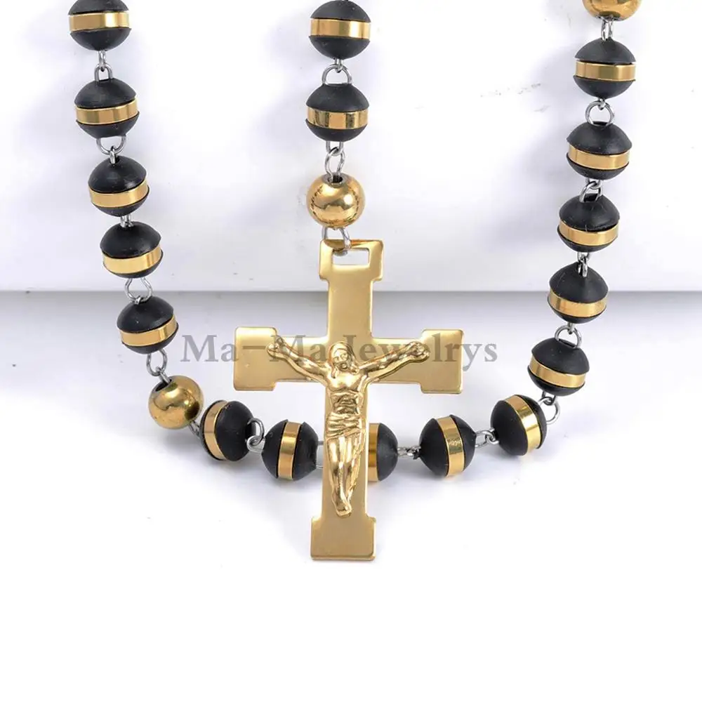 Mens or Womens Jewelry Black Gold Stainless Steel 8mm Silicone Rosary Chain Cross Pendant Necklace 28