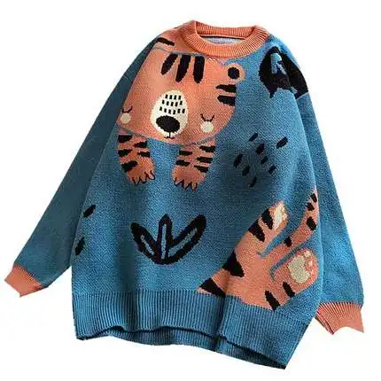 

Autumn Winter Women'S Knitted Sweater Tiger Cartoon Outerwear Loose O-neck Pullover Thickening Female Knitted Sweater Top