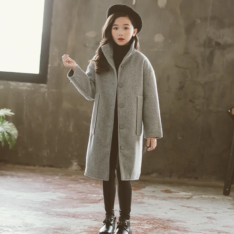 Autumn Winter Fashion Kids Girls Casual Solid Red Wool Cotton Coat Children Girl Woolen Outerwear Girls Overcoats Clothes