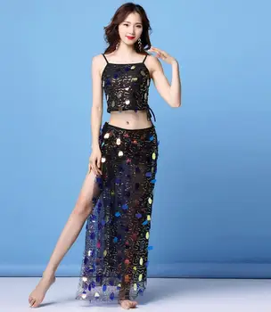 

Belly Dance Practice Clothes Sequin Top Skirt Women New Belt Drawstring Dance Costumes Sexy Hip Scarf 3Pcs/Set