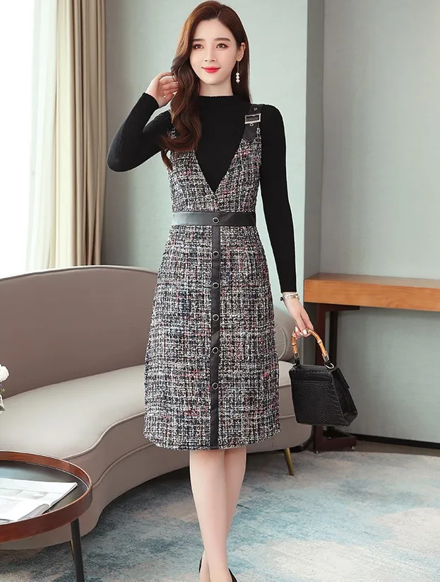Осень зима женский модный комплект из 2 предметов платье женский черный вязаный свитер Топ+ однобортный клетчатый твидовый комбинезон платье - Цвет: only tweed dress