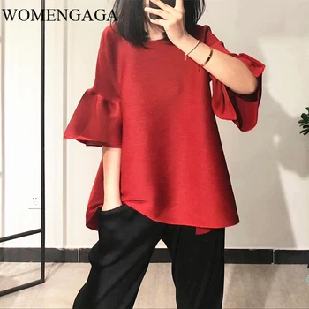

Korea 2020 new round neck flare sleeves wine red color pullover loose wide T-shirt female pleated vintage top WK83203