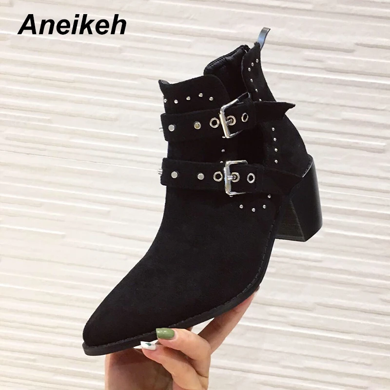 Aneikeh/Новинка; модная обувь из флока; женские сапоги с острым носком ...