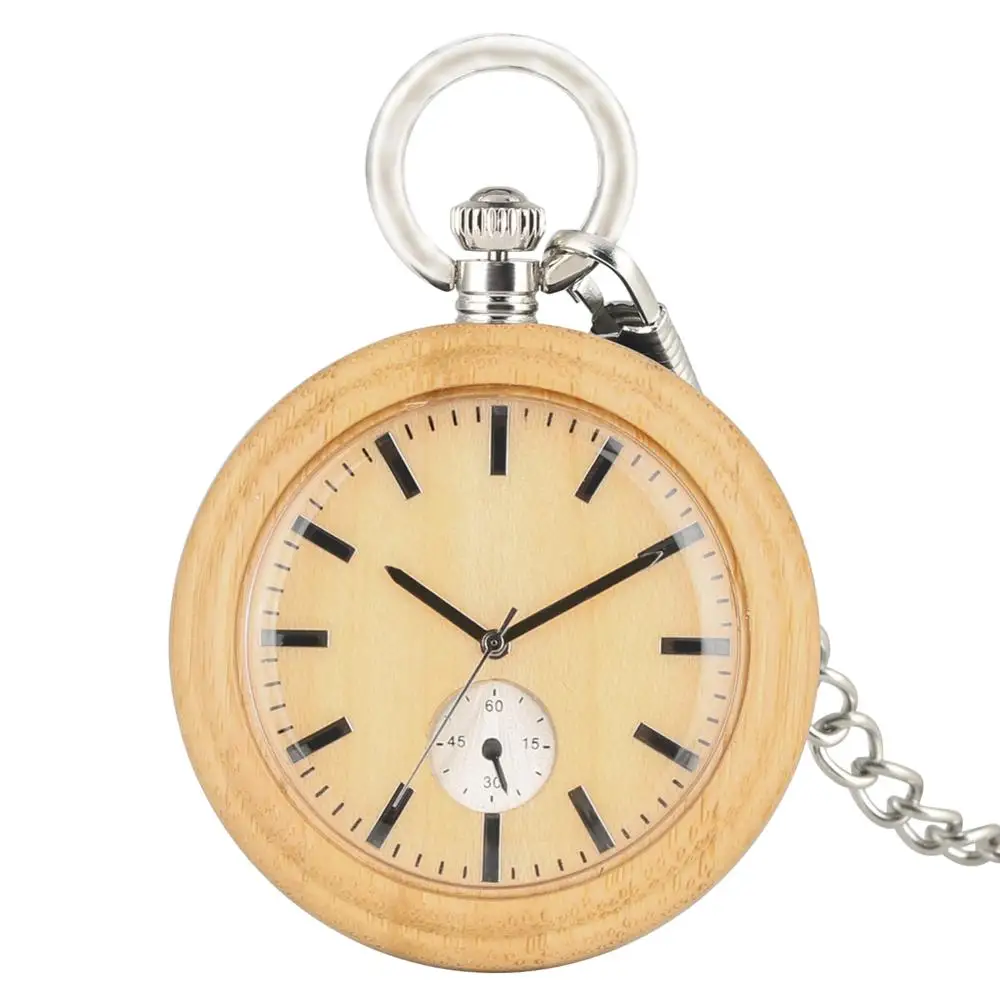 Natural Bamboo Pocket Watch Quartz Open Face Chain Watch Unique Mens Gift Decorative Stopwatch Pendant Clock 4