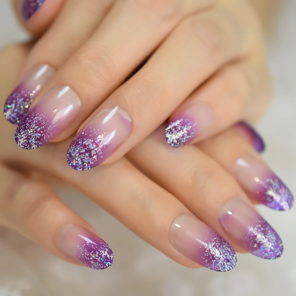 Charming Purple False Nails Bling Glitter Ombre Oval Clear Gel Nails Designed Nail Art Tips 24 Count False Nails Aliexpress