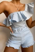 

2021 New Ruffles One Shoulder Lace Playsuit Sashes Casual Sexy Top Women Rompers Backless Summer Ladies Bodycon Short Jumpsuit