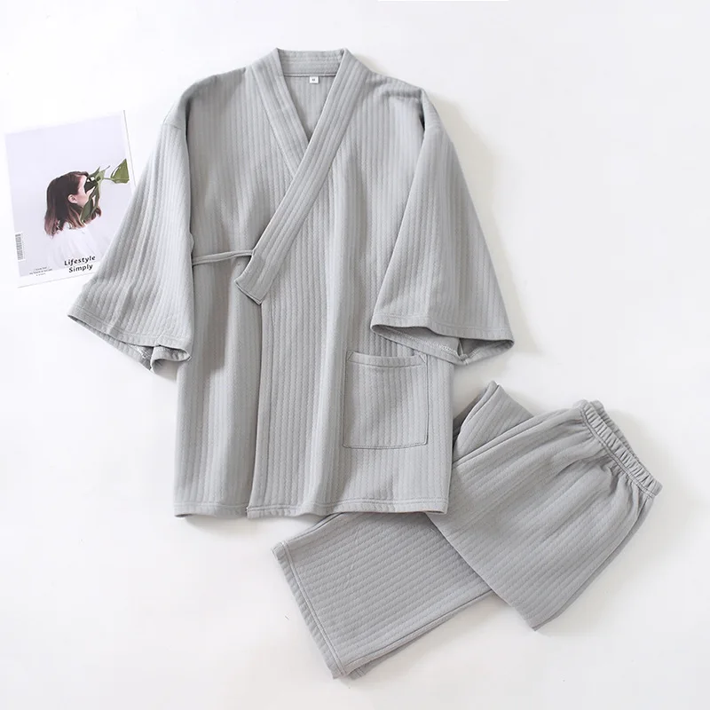 Autumn Winter Japanese Style Men's Kimono Pajamas 100% Cotton Air Layer Mixed Cotton Oversize Sleepwear Two-Piece Nightie pajama sets