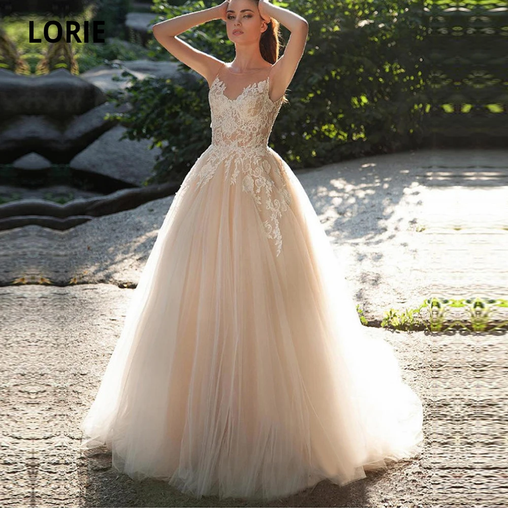 

LORIE Cap Sleeve Champagne Wedding Dresses Lace Appliques Tulle A-line Bridal Gown Back Illusion Beach Princess Marriage Gowns