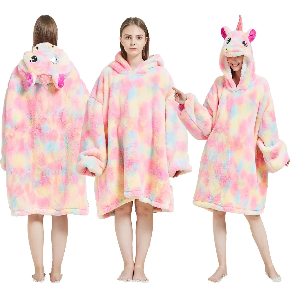 

New Flannel Animal Cartoon Robes Adults Women Pajamas Warm Soft Cute Homewear Couple Hooded Loose Sleepwear Cosplay Costume