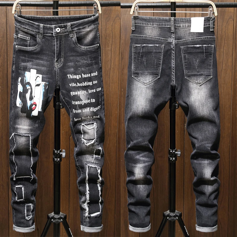 Hombre Vaqueros hombres Jean Homme Denim pantalones ceñidos pantalones de motorista negro vaqueros rasgados para hombres Skinny Sweatpants de diseñador de moda