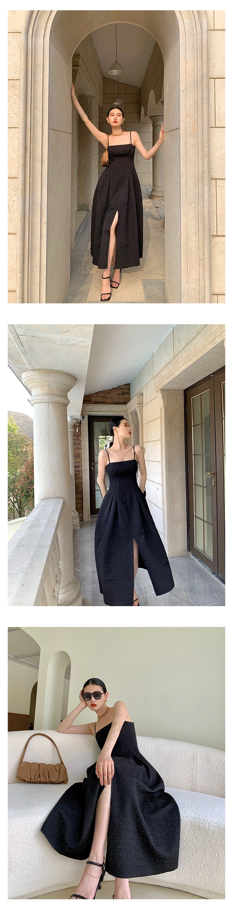 Jielur Chic Klassische Kleid Elegante Frauen Seite Split Jacquard Kleider Party Abend Ballkleid Spaghetti Strap Schwarz Kleid Vestido – Detail 10