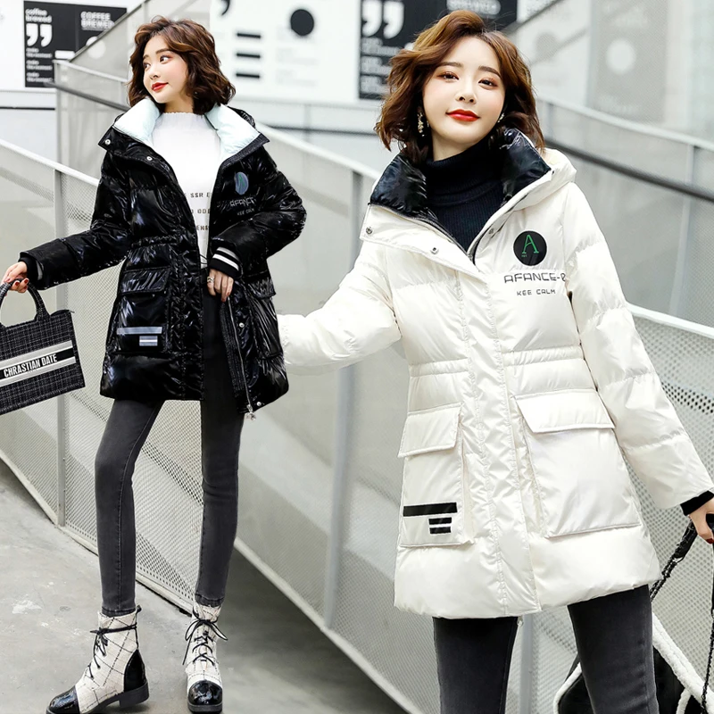 

2021 Winter New Down Cotton Coats Womens Long Glossy Down Padded Parka Jacket Winter Thick Warm Cotton Coats Women Hooded Jacket