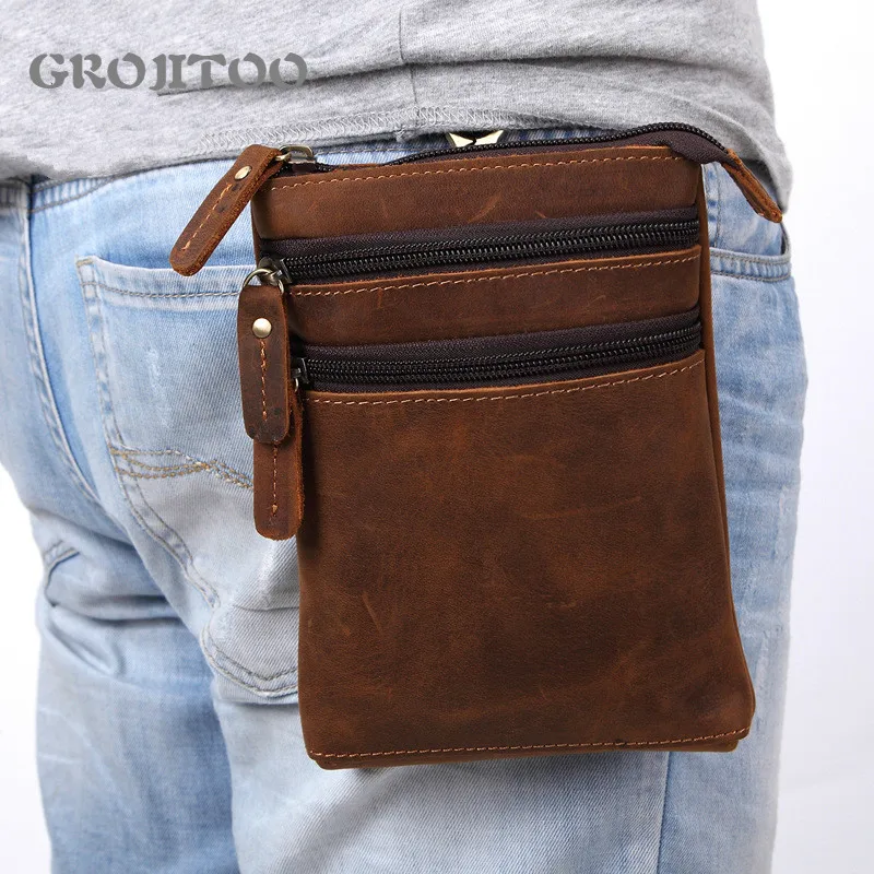 

GROJITOO Handmade small shoulder bag men's genuine leather messenger bag multi-functional wearable belt small waist bag