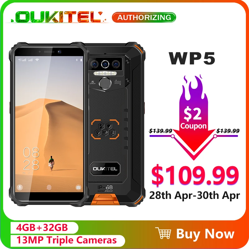 Oukitel-Teléfono inteligente WP5, impermeable IP68, pantalla de 5,5 pulgadas, 8000mAh, 4GB de RAM, 32GB de ROM, cuatro núcleos, cámaras triples, SO Android 9.0, 5V/2A
