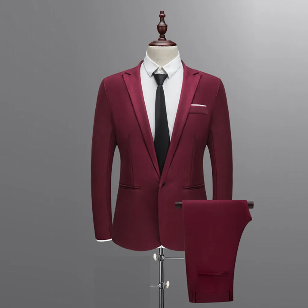 Весенне-осенние мужские костюмы, приталенный однотонный Блейзер на пуговицах, мужской повседневный деловой Блейзер, приталенный однотонный костюм - Цвет: Red