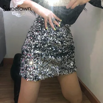 

Sweetown 2020 New Fashion Silver Glitter Sequined Mini Skirts Womens Festival Party Clubwear Zipper High Waist Dance Aline Skirt
