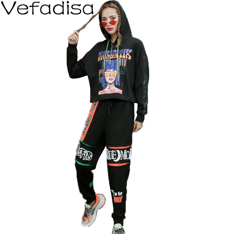 Vefadisa Black Red Character Print Two Piece Set Women 2020 Autumn Hooded Pullover Sweatshirt + Letter Pants QYF3891 | Женская одежда
