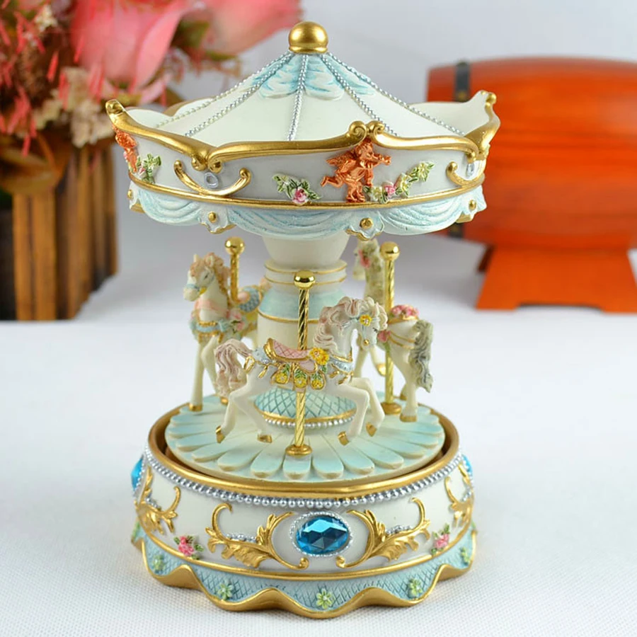 Carousel Mini Music Box Pink and Blue 2 Colors Musical Boxes for Love Girl or Children Christmas Gift