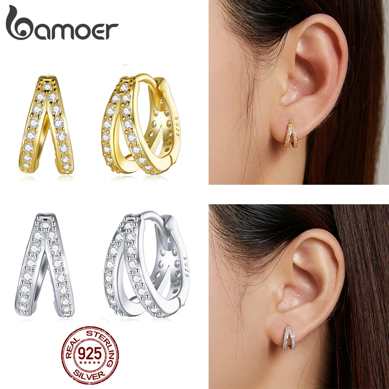 BAMOER Spanish 925 Sterling Silver Modern Stylish Zircon Crystal Double Rings Ear Buckle Earrings Hoop for Women Wedding SCE1187 | Украшения