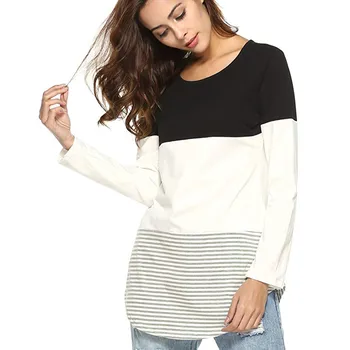 

Regular Sleeve Blouse Tops Fashion O Neck Polyester Tops Women Daily Casual Long Sleeve Striped Patchwork Stretchy Tops Blouse