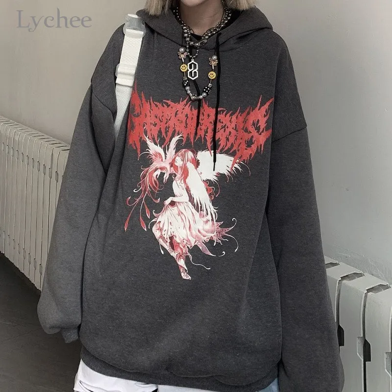 Lychee Harajuku мультфильм Ангел девушка женские толстовки зима флис Леди Спортивная толстовка с капюшоном угол печати женские пуловеры