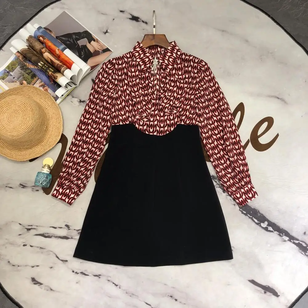 

2019 new arrival women black patchwork long sleeve dress with letter printing cute mini silk dress for young ladies and femme