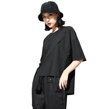 

Women Trend Pullovers And Tees Women's Streetwear Style Cold Fake Suit Straight Lace-up Striped Tops Panel Short Sleeve T-shirt