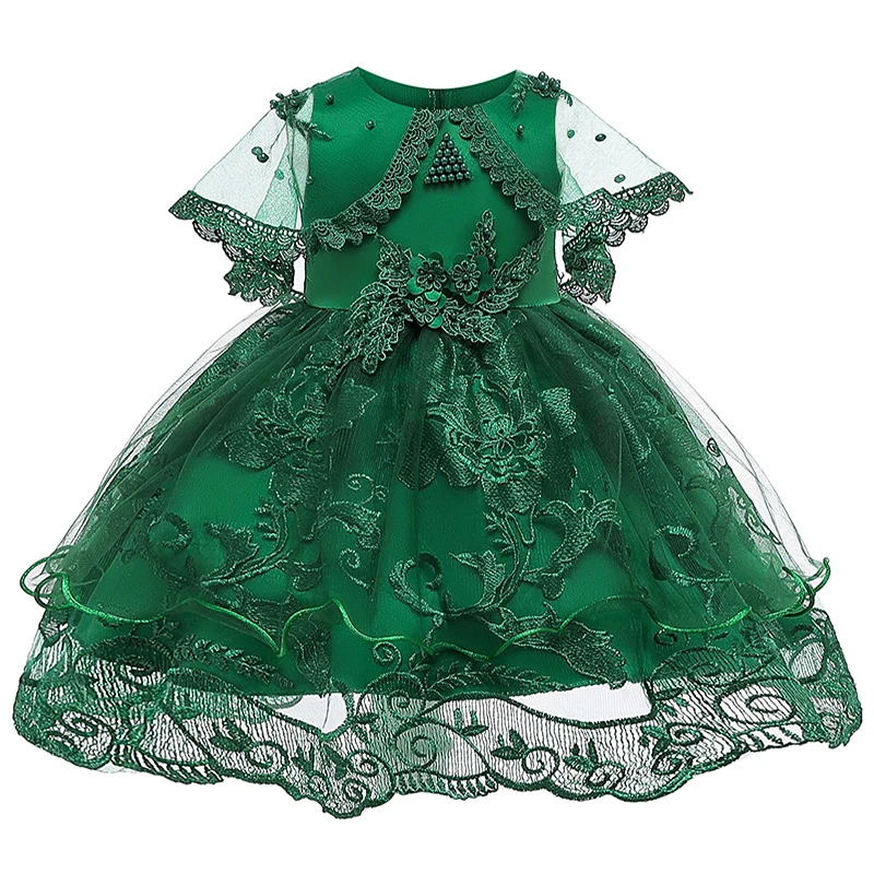Пышное Платье на крестины для маленьких девочек; кружевная одежда для крещения с бусинами и цветочным узором; платье принцессы; одежда для дня рождения для маленьких девочек