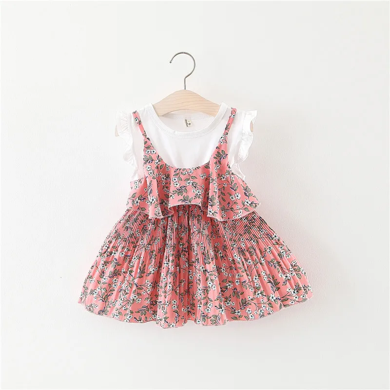 

Summer Children Shirt Korean-style Solid Color a Viariety of Pattern Printed Strap Mock Two-Piece Dress
