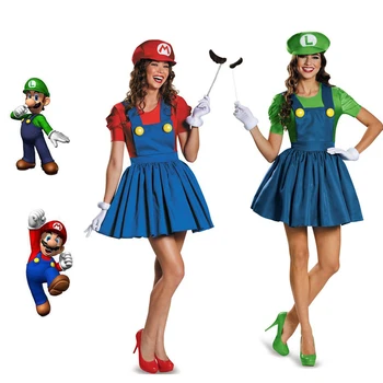 

anime Super mario Luigi Brother cosplay women Roles Dress Plumber costume Hat and coat Girls halloween Party Fancy Adults Outfit