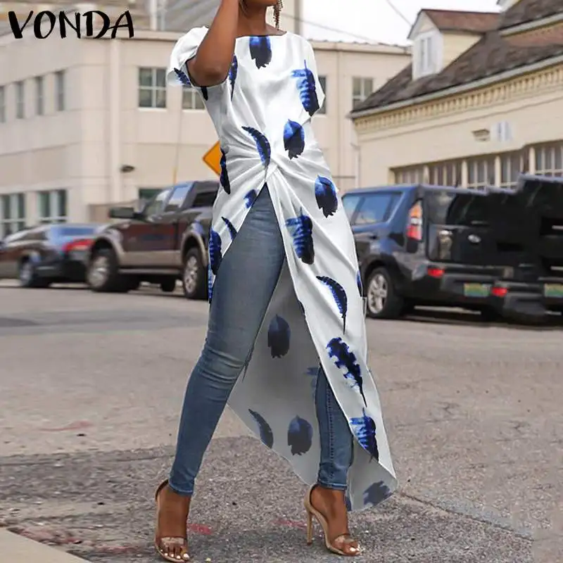 

Women'Shirts Print Split Party Asymmetric Tops Beach Long Tunic VONDA 2020 Summer Blouse And Tops Casual Blusa Plus Size