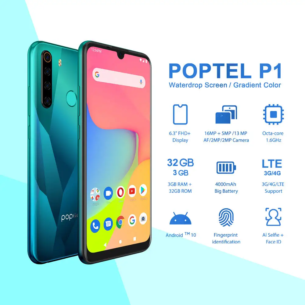 POPTEL P1 6.3 Inches FHD+ 16MP Camera Cellphone 4000mAh Mobilephone 4G Celular Gaming Mobile Android Smart Phones