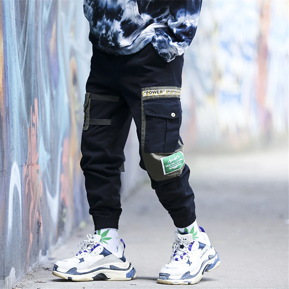 April MOMO, черные брюки-карго в стиле хип-хоп из кусков, мужские тактические штаны для бега, Осенние повседневные уличные брюки, эластичные брюки