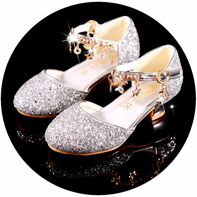 

Girls shoeprincess Shoes Kids Children High Heel Shoes Little Princess Performance Leather Shoes Silver Children