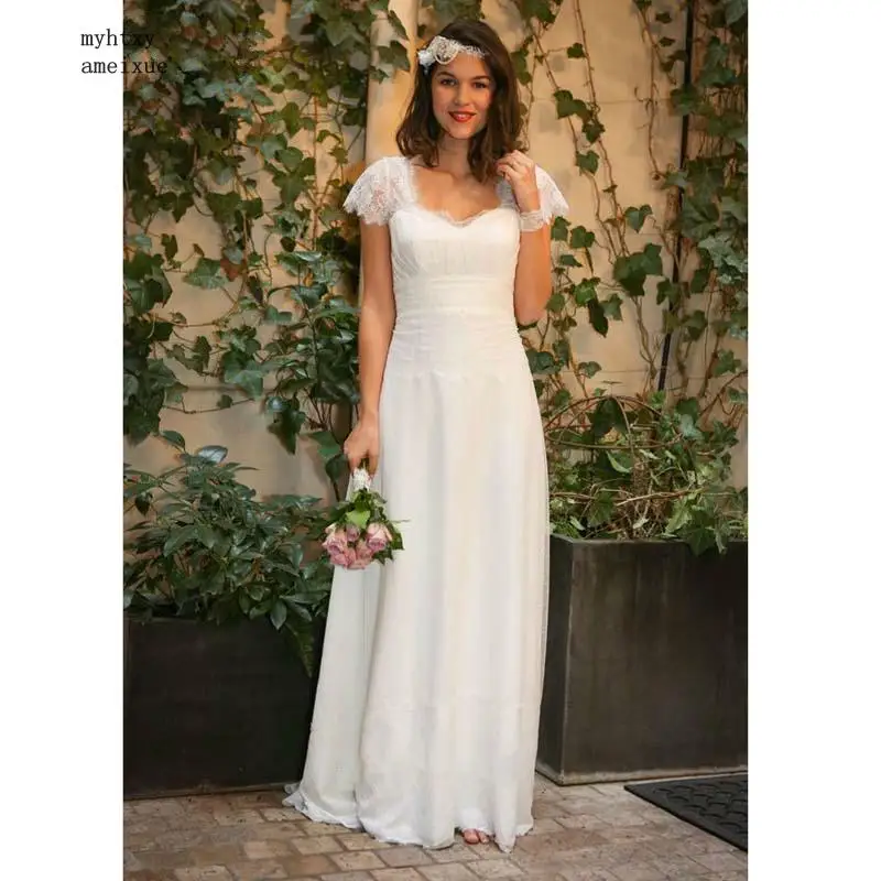 Vestido De Noiva короткое шифоновое и Атласное кружевное недорогое сексуальное свадебное платье в пол с глубоким вырезом на спине и коротким рукавом