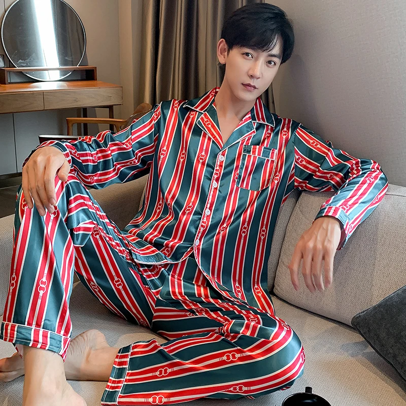 silk pj set Comfortable Men Pyjamas Plus Size 3XL 4XL 5XL Short Sleeve Casual Night Wear autumn Silk Boy Pajama Sets Leisure Sleepwear Set mens silk pajamas short set