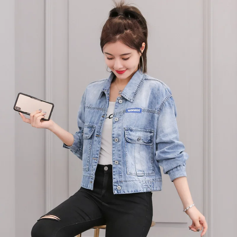 

2019 Spring Clothing New Style Europe And America Large Size Dress Jeans Coat Printed Applique Slimming Tops Fashion