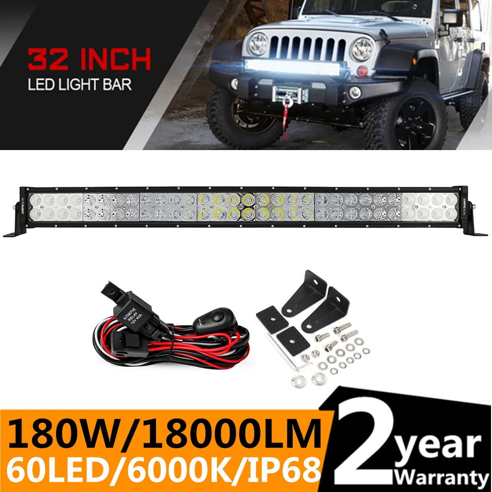 

32 Inch 82 cm 180W 6000K Flood Spot Combo Work 60 LED Bar 18000LM Driving Boat Led Off Road Trucks 10ft Wire D40