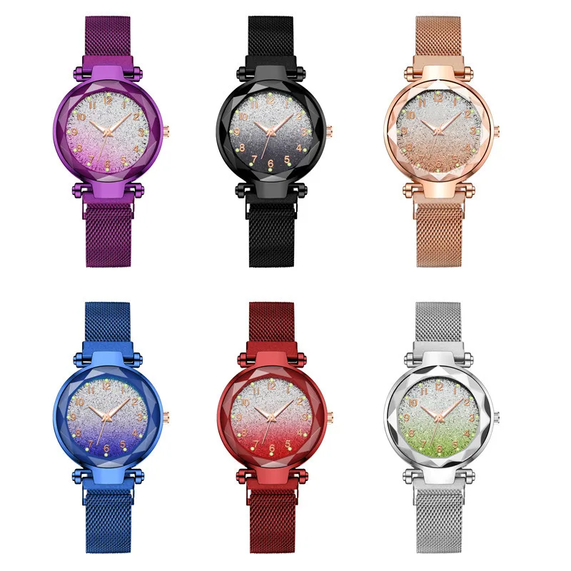 New Classic Women Magnet Buckle Gradient Starry Sky Luminous Arabic Number Watch Luxury Ladies Stainless Steel Quartz Watch Gift afbeelding